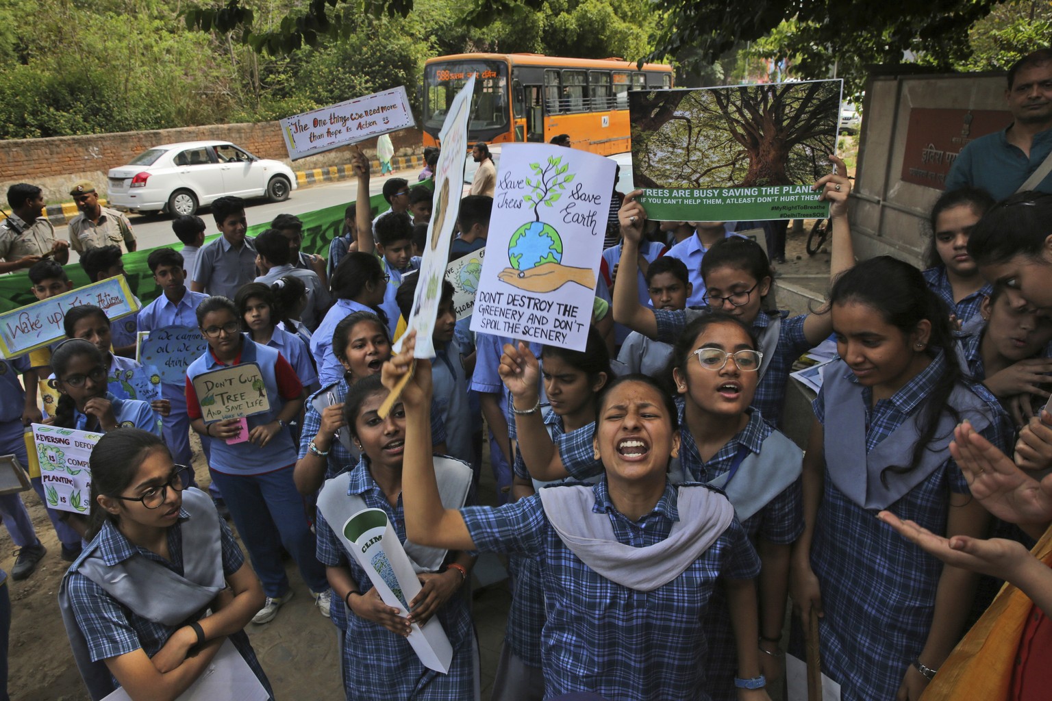 Students from different schools voice their concerns outside Indian Ministry of Environment, Forest and Climate Change during a protest in New Delhi, India, Friday, April 12, 2019. Students in more th ...