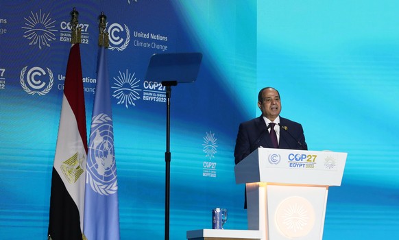 epa10292014 Egyptian President Abdel Fattah al Sisi speaks during the inauguration of United Nations Conference on Climate Change Conference (COP27), in Sharm El-Sheikh, in Egypt, 07 November 2022. Th ...