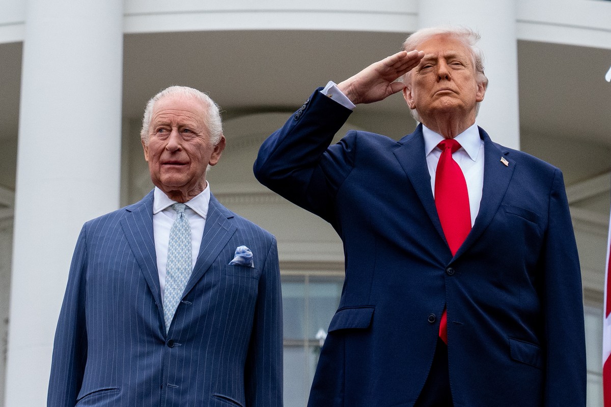 President Donald Trump and Britain's King Charles III stand during the playing of the national anthems during a State Visit arrival ceremony on the South Lawn of the White House, Tuesday, April 2 ...
