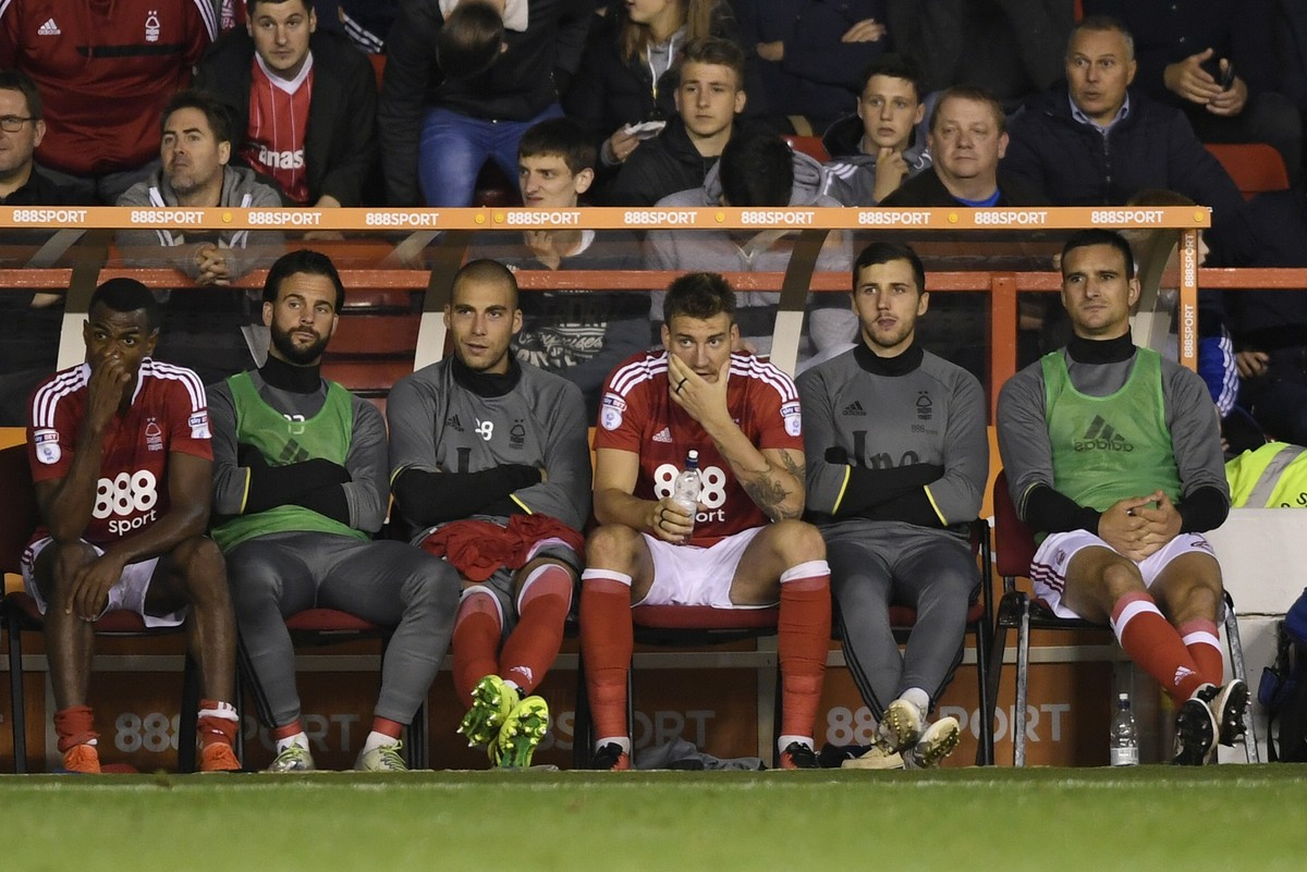 Britain Football Soccer - Nottingham Forest v Arsenal - EFL Cup Third Round - The City Ground - 20/9/16
Nottingham Forest's Nicklas Bendtner sat on the substitutes bench 
Action Images via Reut ...