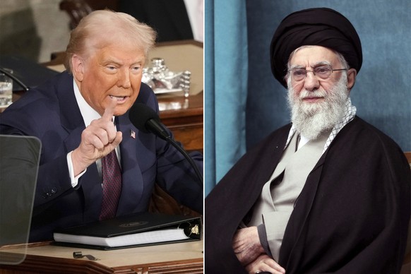 FILE - This combo of pictures show President Donald Trump, left, addressing a joint session of Congress at the Capitol in Washington, March 4, 2025, and a handout of Supreme Leader Ayatollah Ali Khame ...