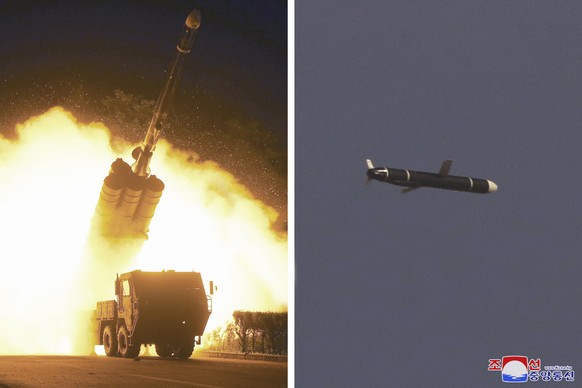 This combination of photos provided by the North Korean government on Monday, Sept. 13, 2021, shows long-range cruise missiles tests held on Sept. 11 -12, 2021 in an undisclosed location of North Kore ...