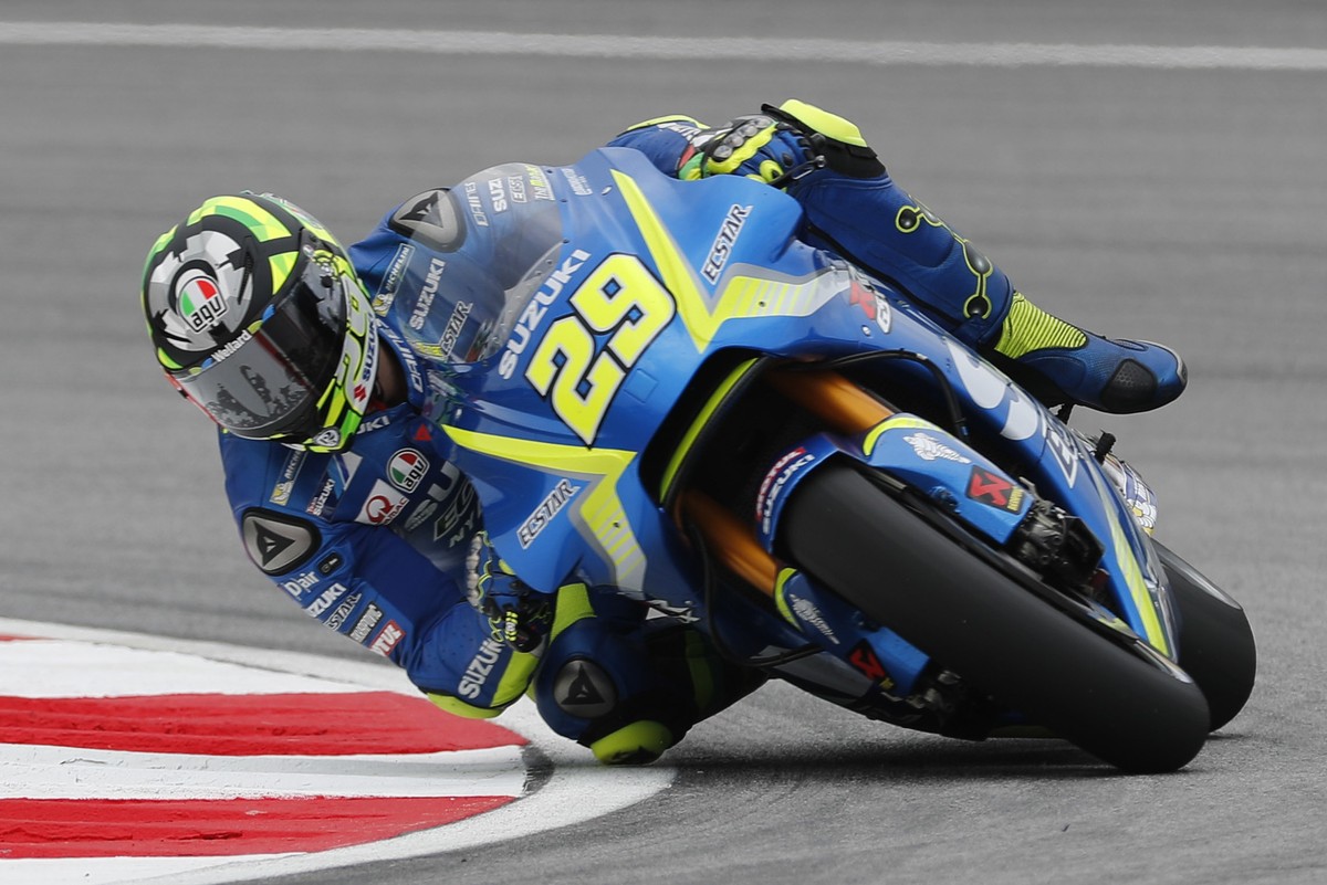 FILE -- In this Oct. 27, 2017 file photo Italy's MotoGP rider Andrea Iannone steers his Suzuki during the first practice session of the Malaysia MotoGP at the Sepang International circuit in Sepa ...