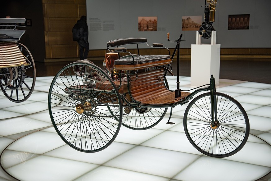 Stuttgart, Germany - April 13, 2019: 1886 Benz Patent-Motorwagen. The first car by Karl Benz.