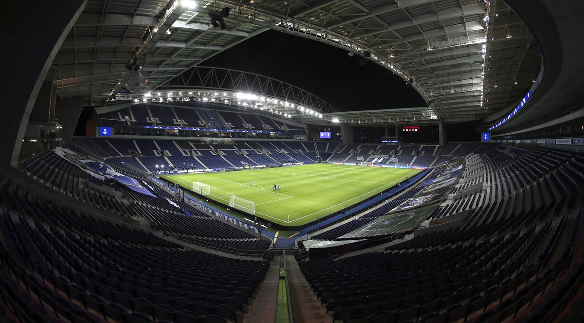 A view of Porto's Dragao stadium with its empty stands ahead of the Champions League round of 16, first leg, soccer match between FC Porto and Juventus, in Porto, Portugal, Wednesday, Feb. 17, 20 ...