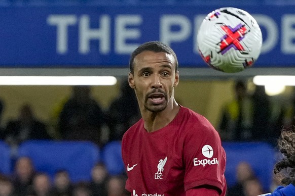 FILE - Liverpool&#039;s Joel Matip in action during the English Premier League soccer match between Chelsea and Liverpool at Stamford Bridge stadium in London, April 4, 2023. Joel Matip and Thiago Alc ...