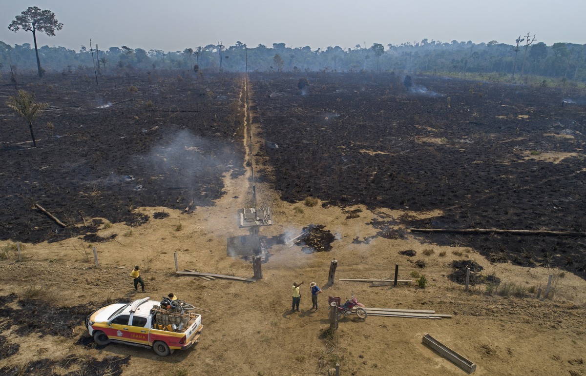 Workers from Brazil's state-run environment agency IBAMA speak with a farmer about an area consumed by fire near Novo Progresso, Para state, Brazil, Tuesday, Aug. 18, 2020. Experts say the blazes ...