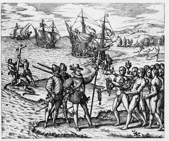 Kolumbus landet in der Neuen Welt und wird von Arawak-Indianern begrüsst.