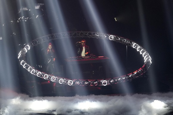 LUM!X and Pia Maria from Austria performs Halo performs during rehearsals at the Eurovision Song Contest in Turin, Italy, Monday, May 9, 2022. (AP Photo/Luca Bruno)