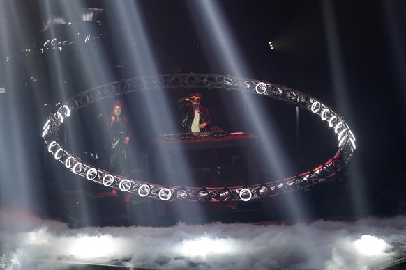 LUM!X and Pia Maria from Austria performs Halo performs during rehearsals at the Eurovision Song Contest in Turin, Italy, Monday, May 9, 2022. (AP Photo/Luca Bruno)