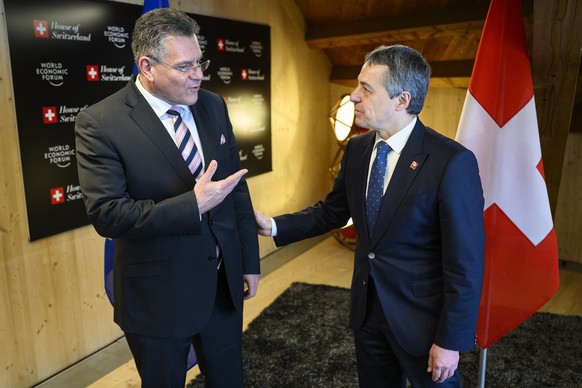 epa11086860 Switzerland&#039;s Foreign Minister Federal Councillor Ignazio Cassis (R) speaks with European Commission Executive Vice-President Maros Sefcovic (L) prior to a bilateral meeting in the Ho ...