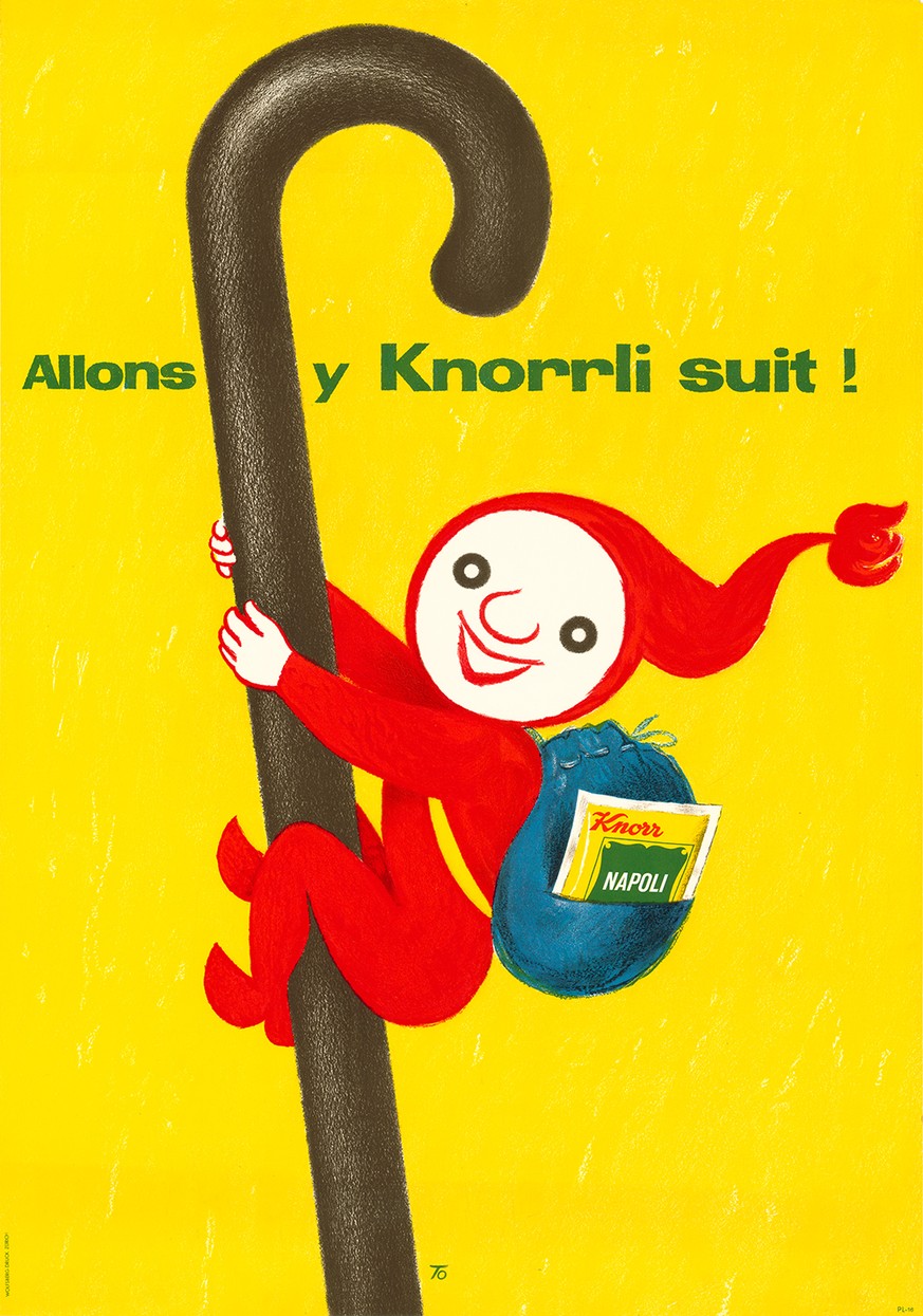 Plakat mit dem Slogan «Nimm s&#039;Knorrli mit» (frz.). Farblithographie. Zürich: Graphische Anstalt J. E. Wolfensberger. 1955
(Urheber: Hans Tomamichel. Auftraggeber: Knorr-Nährmittel AG | Unilever S ...