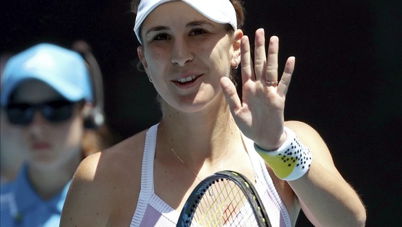 Switzerland&#039;s Belinda Bencic celebrates after defeating Slovakia&#039;s Anna Karolina Schmiedlova in their first round singles match at the Australian Open tennis championship in Melbourne, Austr ...