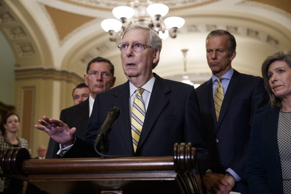 epa07849234 Senate Majority Leader Mitch McConnell responds to questions from the news media following the Republican policy luncheon in the US Capitol in Washington, DC, USA, 17 September 2019. Leade ...