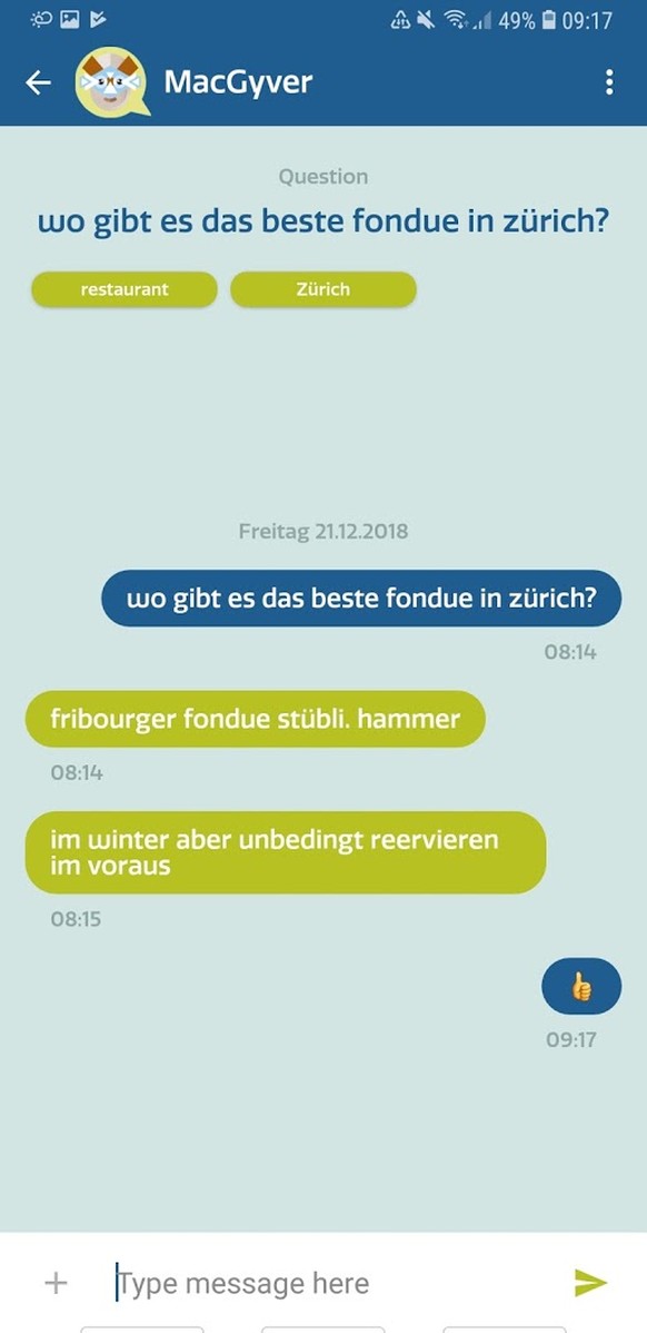 Dieser Chat ist nur für den Fragesteller und die antwortende Person zu sehen: Auf die Frage nach dem besten Fondue in Zürich erhalte ich prompt eine sinnvolle Antwort.