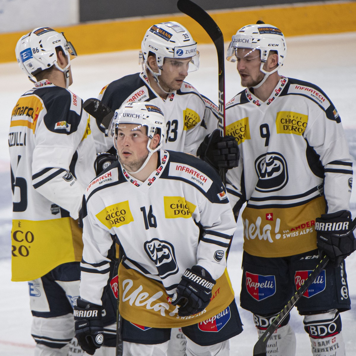 From left, Ambri's player Dominic Zwerger, Ambri's player Marco Mueller and Ambri's player Dario Rohrbach, celebrate 2-2 gool, during the frendly match of National League A (NLA) Swiss  ...
