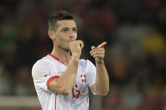 Swiss Blerim Dzemaili celebrates his goal to 3:0 during an international friendly soccer match between Switzerland and Liechtenstein at the Stockhornarena in Thun, Switzerland, Wednesday, June 10, 201 ...