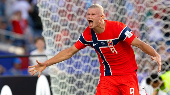 June 16, 2026 Foxborough, Massachusetts, USA Norway forward Erling Haaland 9 celebrates a goal in a FIFA World Cup, WM, Weltmeisterschaft, Fussball 2026 Group I match between Iraq and Norway at Boston ...