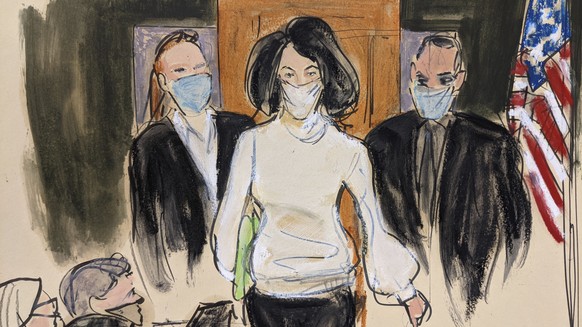 In this courtroom sketch, Ghislaine Maxwell enters the courtroom escorted by U.S. Marshalls at the start of her trial, Monday, Nov. 29, 2021, in New York. A late-June sentencing date was set Friday, J ...
