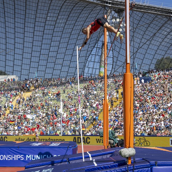 Switzerland's Simon Ehammer during the Men's Decathlon Pole Vault of the 2022 European Championships Munich at the Olympiastadion in Munich, Germany, on Tuesday, August 16, 2022. (KEYSTONE/Georgios Ke ...