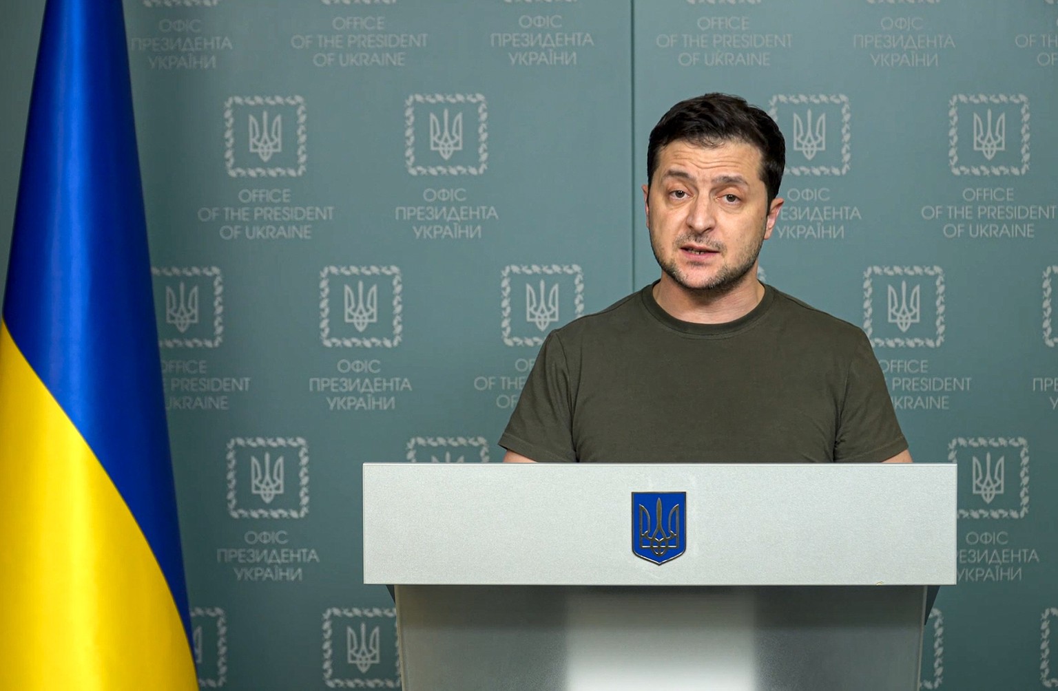 In this photo taken from video provided by the Ukrainian Presidential Press Office, Ukrainian President Volodymyr Zelenskyy speaks to the nation in Kyiv, Ukraine, Sunday, Feb. 27, 2022. Street fightin ...