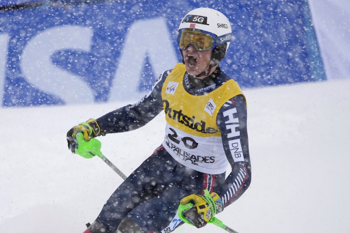 Norway's Alexander Steen Olsen reacts after finishing a men's World Cup slalom skiing race, Sunday, Feb. 26, 2023, in Olympic Valley, Calif. (AP Photo/John Locher)