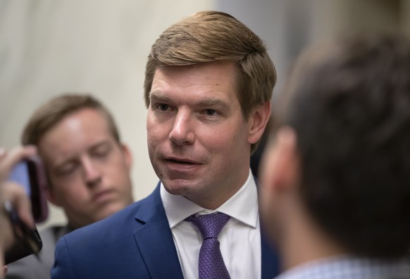 epa07704236 (FILE) - Democratic Representative from California Eric Swalwell speaks to the news media as US President Donald J. Trump&#039;s former White House communications director and campaign spo ...