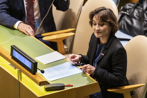 epa10002110 Pascale Baeriswyl, Ambassador and Permanent Representative of Switzerland to the United Nations, takes part in a meeting of the UN General Assembly at the UN headquarters in New York, USA, ...