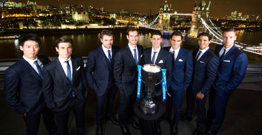 LONDON, ENGLAND - NOVEMBER 13: In this handout image provided by The Times for ATP, the ATP World Tour finalists standing in order of ranking for the event, 1. Novak Djokovic, 2. Andy Murray, 3. Roger ...