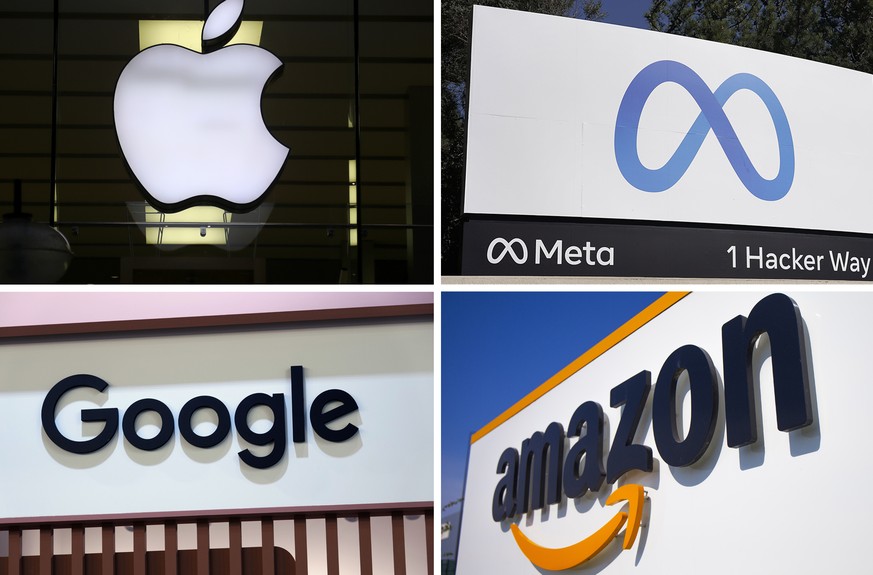 This photo combo of images shows logos for Apple, Meta, Google and Amazon. The House on Thursday, Sept. 29, 2022, approved sharply scaled-down legislation targeting the dominance of Big Tech companies ...