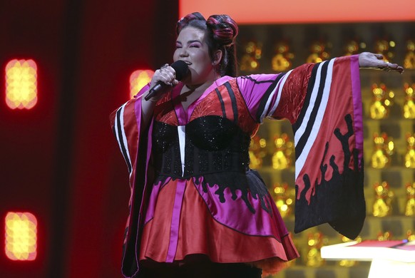 Netta, 2nd left, from Israel performs the song &#039;Toy&#039; in Lisbon, Portugal, Monday, May 7, 2018 during a dress rehearsal for the Eurovision Song Contest. The Eurovision Song Contest semifinals ...