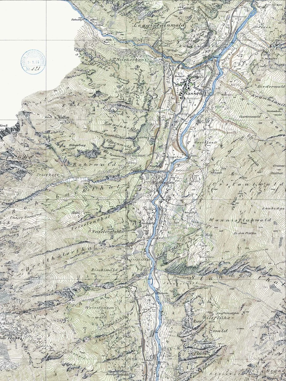 Feuille «Wassen» de la carte des fortifications de la région du Saint-Gothard, 1921. Généralement, les vallées revêtant une importance stratégique étaient relevées en premier avant que les opérations  ...