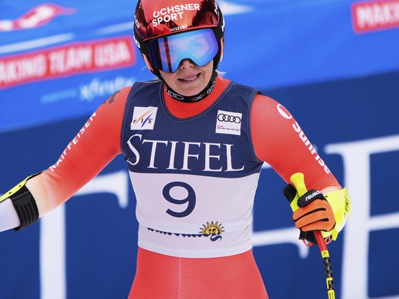 Switzerland&#039;s Corinne Suter reacts after her run during a women&#039;s super-G run at the World Cup Finals, Sunday, March 23, 2025, in Sun Valley, Idaho. (AP Photo/John Locher)
World Cup Super-G  ...