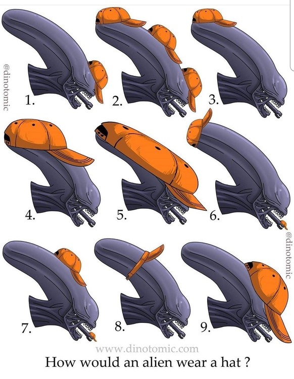Kann es noch komischer werden? Ja. Willkommen beim PICDUMP!
Kommen wir zu den wichtigen Fragen:
Wie trägt ein Xenomorph ein Cap?
