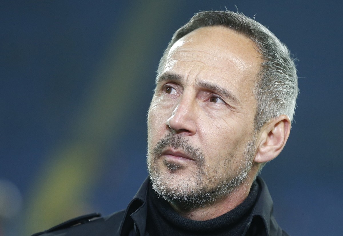 Eintracht Frankfurt's head coach Adolf Hutter looks on prior to the Europa League round of 32, first leg soccer match between Eintracht Frankfurt and FC Shakhtar Donetsk in Kharkiv, Ukraine, Thur ...