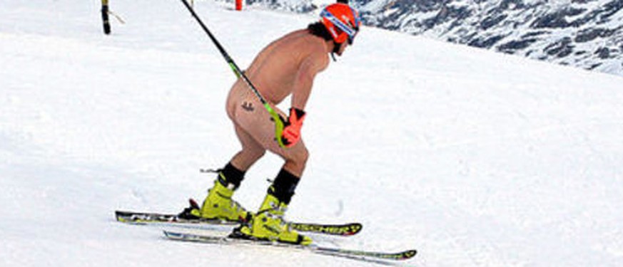 10.01.2007: Rainer Schönfelder rast am Lauberhorn die längste Abfahrt der Welt nackt hinunter