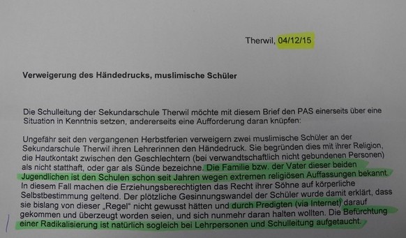 Ein Ausschnitt des Briefes an das kantonale Volksschul-Amt und den Präsidialausschuss.