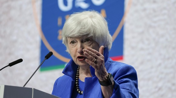 FILE - In this July 11, 2021 file photo, Treasury Secretary Janet Yellen speaks during a press conference at a G20 Economy, Finance ministers and Central bank governors&#039; meeting in Venice, Italy. ...