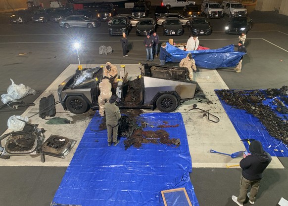 This undated photo, provided by the Las Vegas Police Department shows the Tesla Cybertruck involved in an explosion outside the Trump Hotel in Las Vegas. (Las Vegas Police Department via AP)