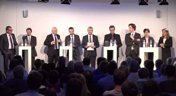 Sie fehlten diese Woche im Parlament gleich im Multipack: Die Zürcher Ständerats-Kandidaten (v.l.) Ruedi Noser, Martin Bäumle, Daniel Jositsch, Hans Ueli Vogt, Bastien Girod, Maja Ingold, Barbara Schm ...