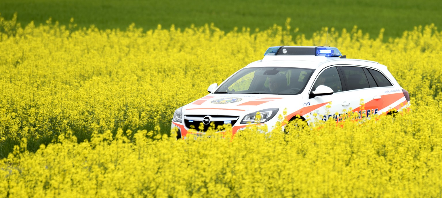 Une voiture de police du corps de gendarmerie de la Police cantonale vaudoise roule entre deux champs de Colza en fleurs ce dimanche 29 avril 2018 a Bottens, Vaud. (KEYSTONE/Laurent Gillieron)