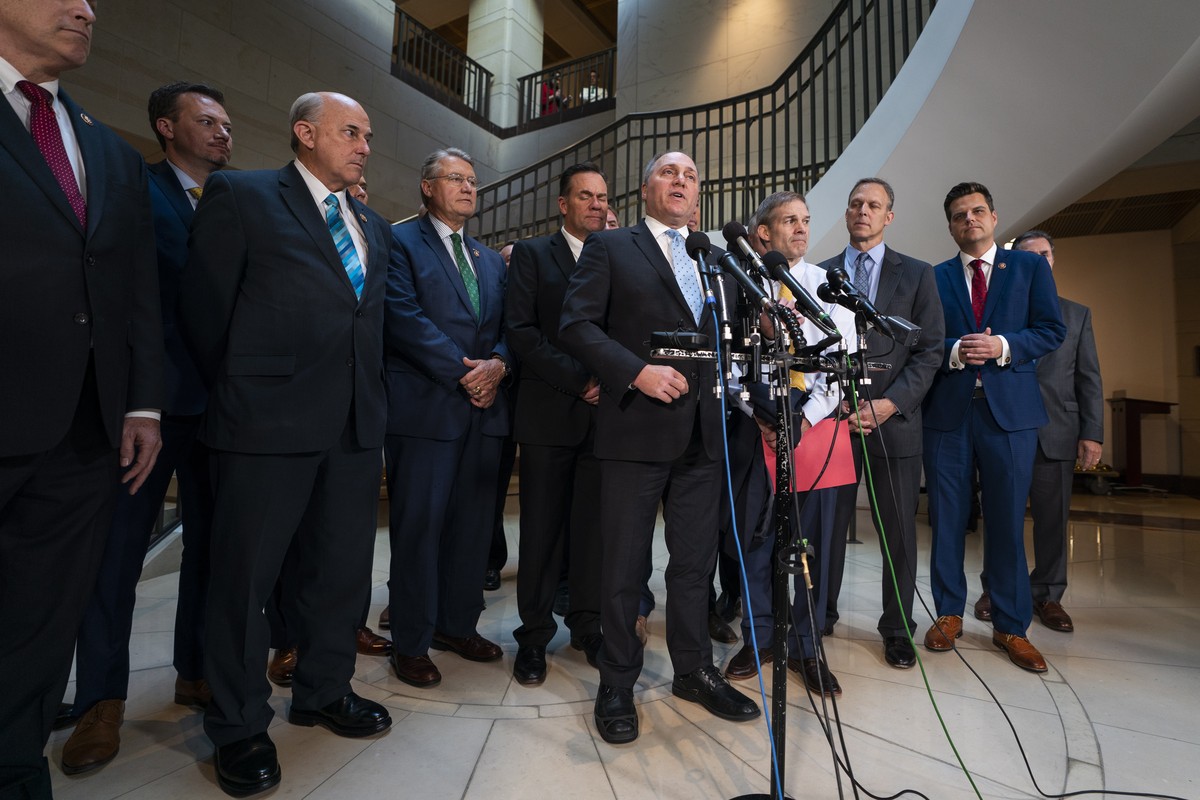 epa07943904 Republican Representative from Louisiana Steve Scalise speaks to the media after he and two dozen other Republican lawmakers stormed into the room used by the House of Representatives' ...