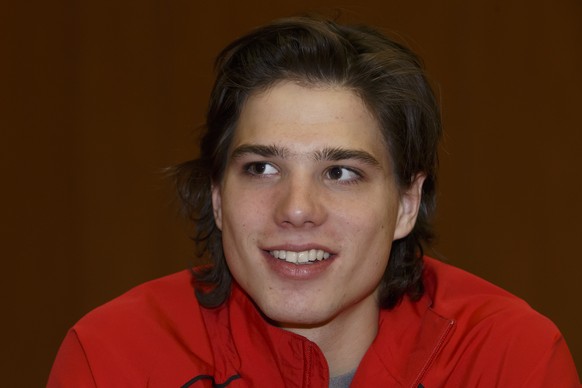 Switzerland's Kevin Fiala answers journalists' questions during a media conference of the Switzerland team, at the IIHF 2015 World Championship, in Prague, Czech Republic, Friday, May 8, 2015. (KEYSTONE/Salvatore Di Nolfi)