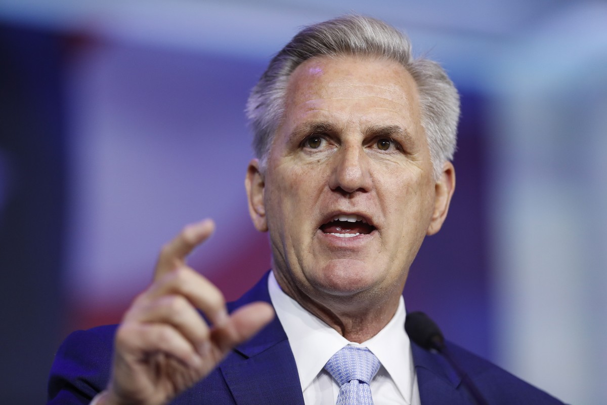 epa09568789 Republican House Minority Leader Kevin McCarthy speaks during the 2021 Republican Jewish Coalition National Leadership Meeting at the Venetian hotel and casino in Las Vegas, Nevada, USA, 0 ...