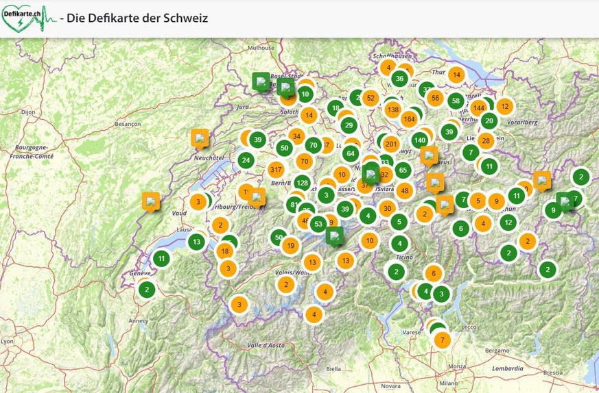 Alle Defibrilatoren in der Schweiz.