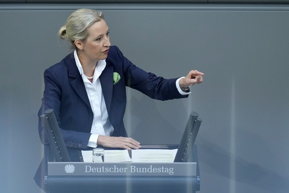 Alice Weidel, top candidate of the Alternative for Germany, AfD, speaks during the last parliament session ahead of national&#039;s elections, at the Bundestag parliament in Berlin, Germany, Tuesday,  ...