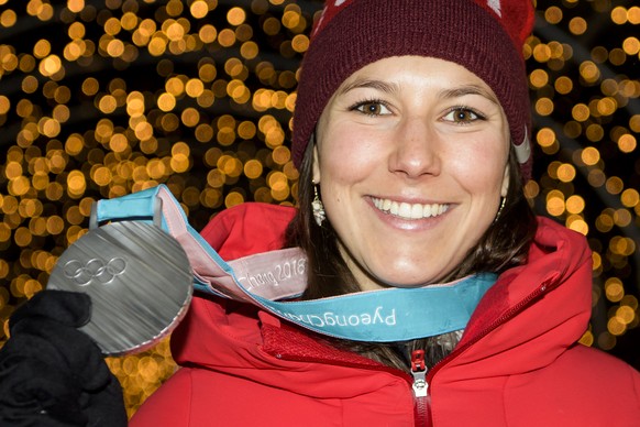 Silver medal, Wendy Holdener of Switzerland poses at the House of Switzerland after the women Alpine Skiing slalom race during the XXIII Winter Olympics 2018 in Pyeongchang, South Korea, on Friday, Fe ...