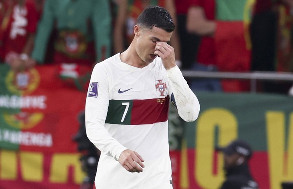221210 -- DOHA, Dec. 10, 2022 -- Cristiano Ronaldo of Portugal reacts after they lost the Quarterfinal between Morocco and Portugal of the 2022 FIFA World Cup, WM, Weltmeisterschaft, Fussball at Al Th ...