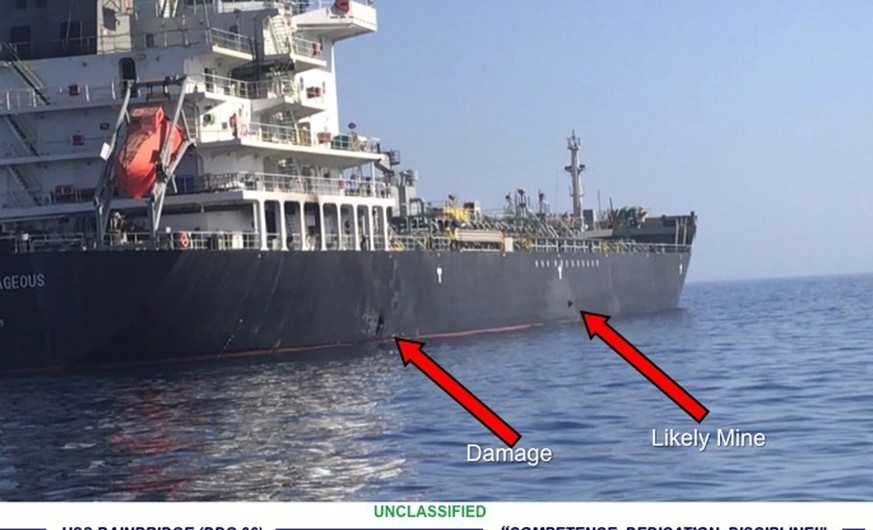 epa07647113 A handout powerpoint slide made available on 14 June 2019 by US Central Command shows damage from an explosion (L) and an object claimed by the US military to likely be a limpet mine on th ...