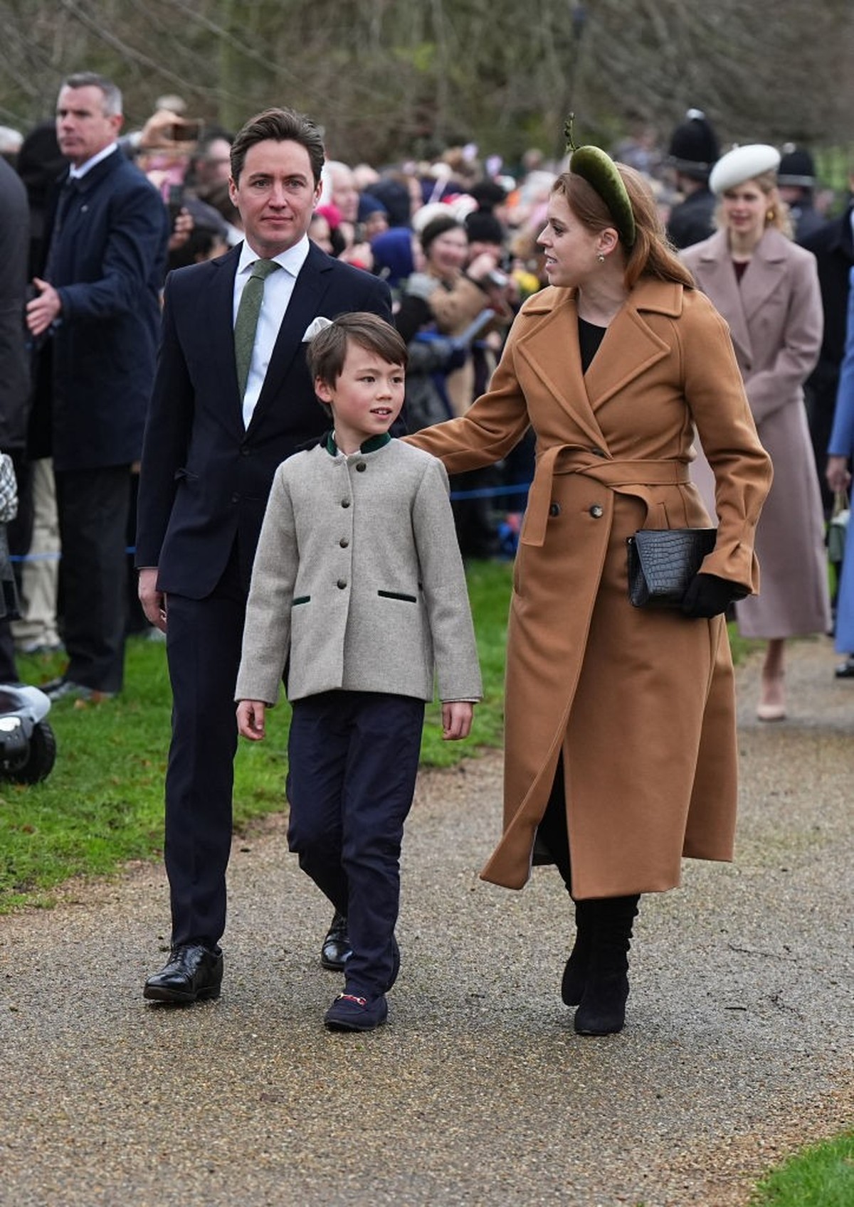Princess Beatrice, Edoardo Mapelli Mozzi and Christopher Woolf attending the Christmas Day morning church service at St Mary Magdalene Church in Sandringham, Norfolk. Picture date: Wednesday December  ...